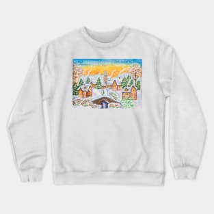 Winter landscape with village houses and bridge. Crewneck Sweatshirt